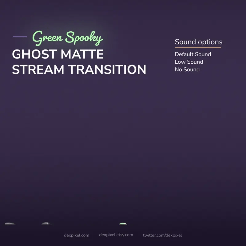 A promotional image for a ’Green Spooky Ghost Matte Stream Transition’ with sound options.