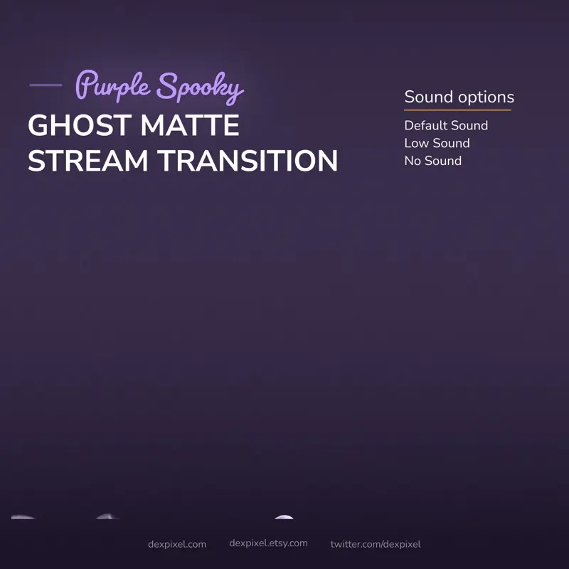 Promotional graphic for a purple spooky ghost matte stream transition with sound options.