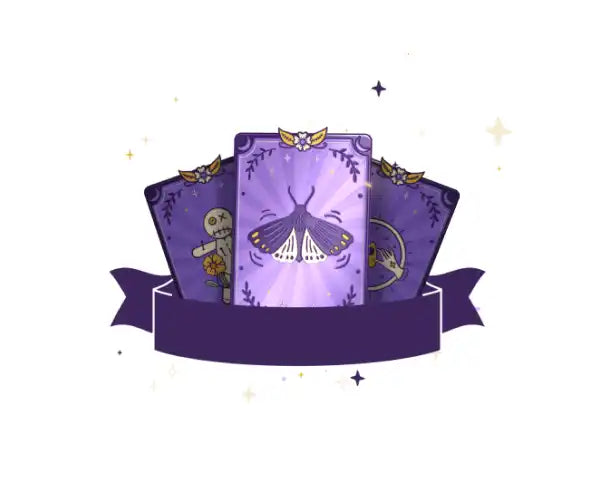 Colorful tarot cards featuring a butterfly and symbols, set against a purple background with sparkles.