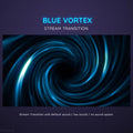 Glowing blue spiral vortex with curved light streaks.