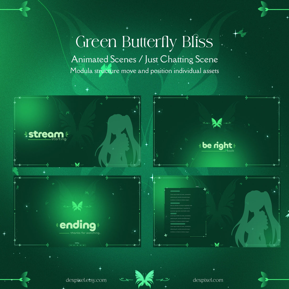 Green Butterfly Bliss Stream Pack featuring animated overlays and buttons for streaming on Twitch and YouTube.