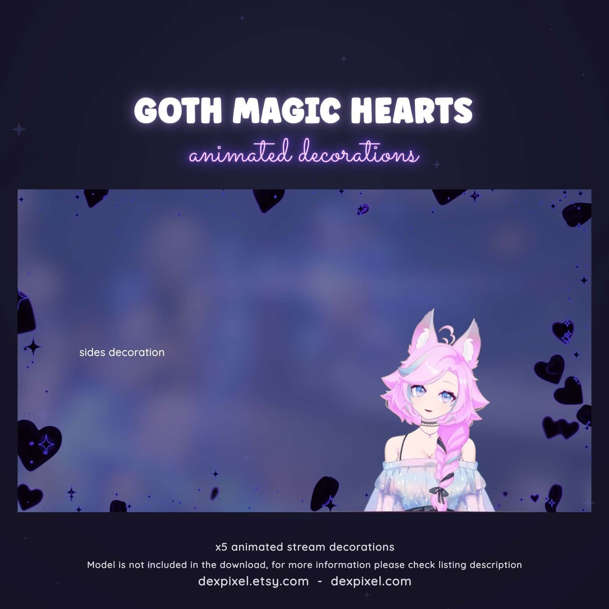 Animated goth purple hearts stream decoration with a cute character, perfect for Twitch and YouTube creators.