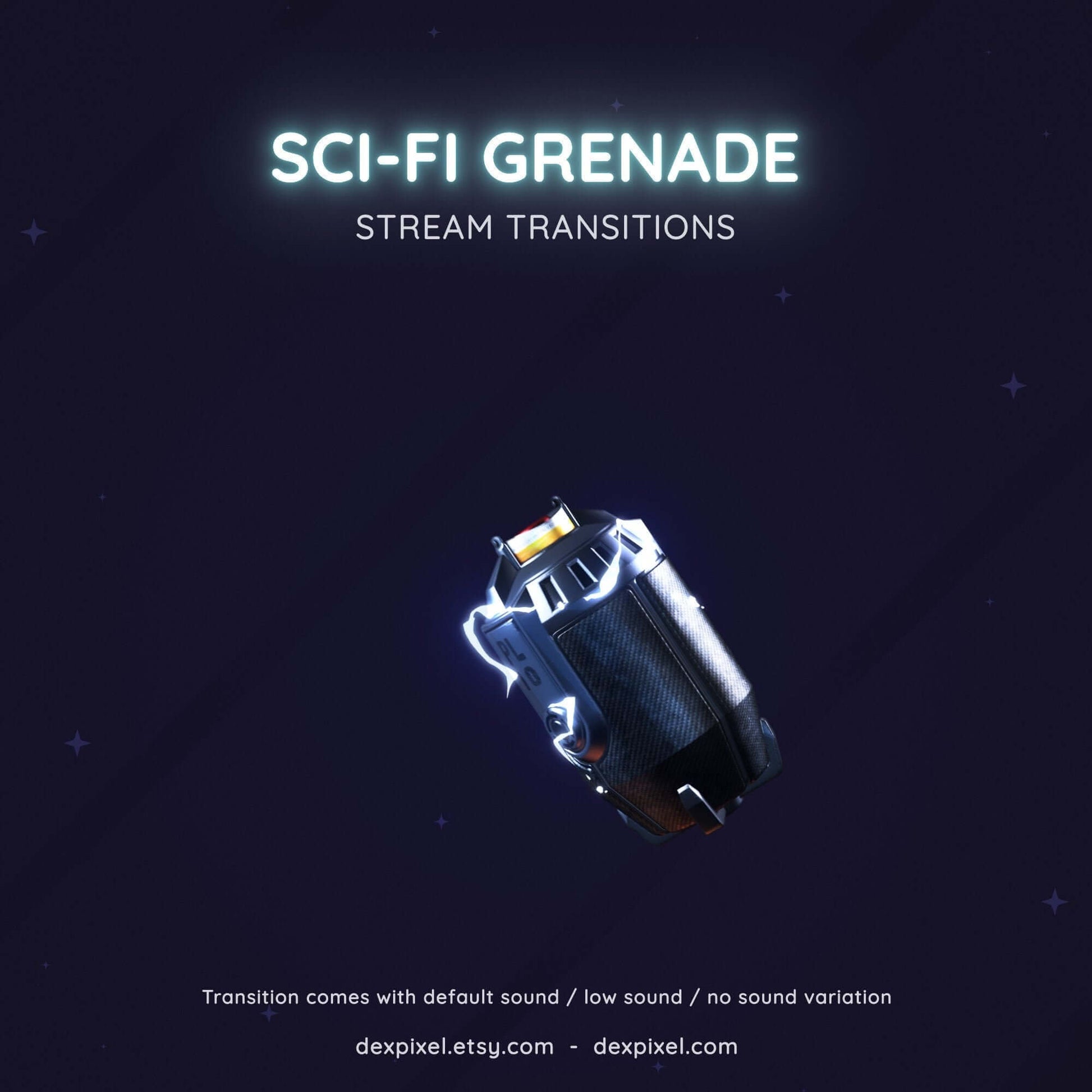 Sci-Fi grenade stream transition graphic for Twitch and YouTube, featuring a modern FPS design with dynamic visuals.