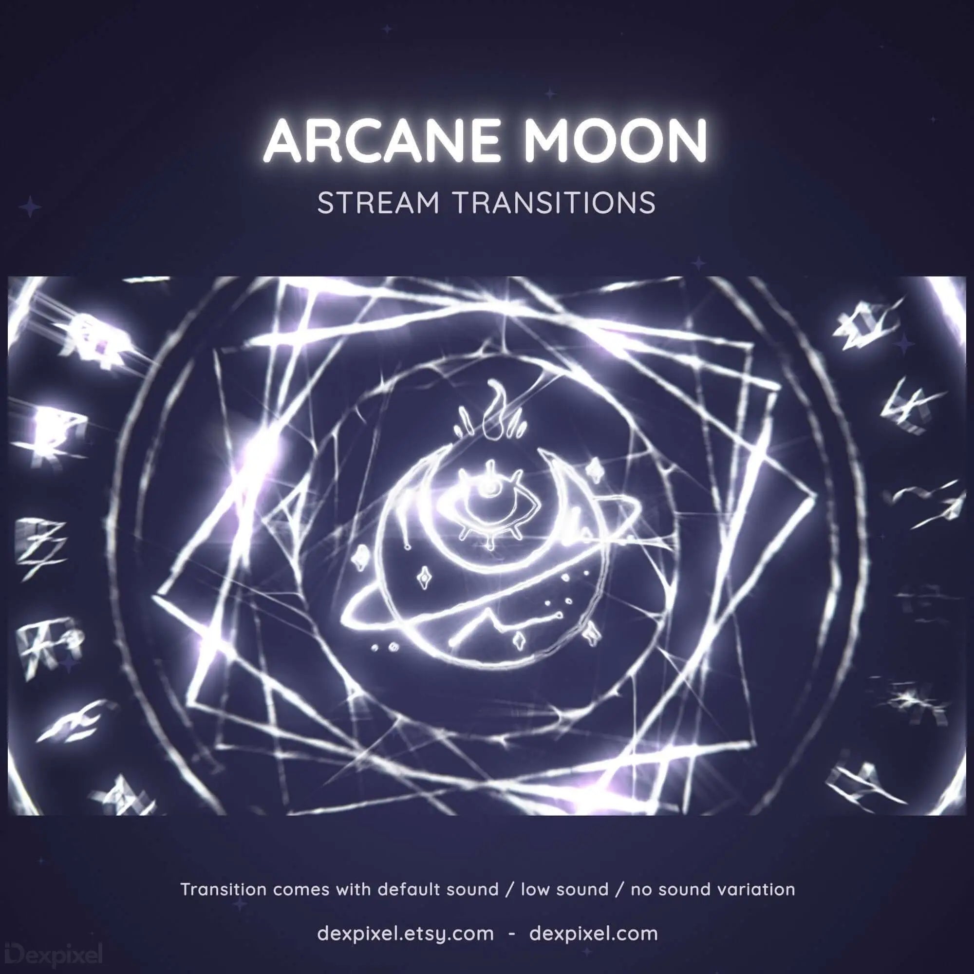 Glowing spiral design with geometric shapes and mystical moon symbols in white against a dark backdrop.