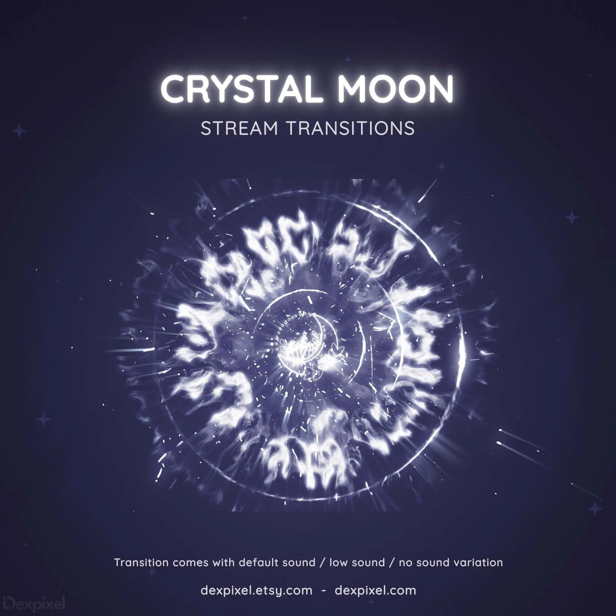 Glowing circular crystal moon design with radiating white energy patterns.