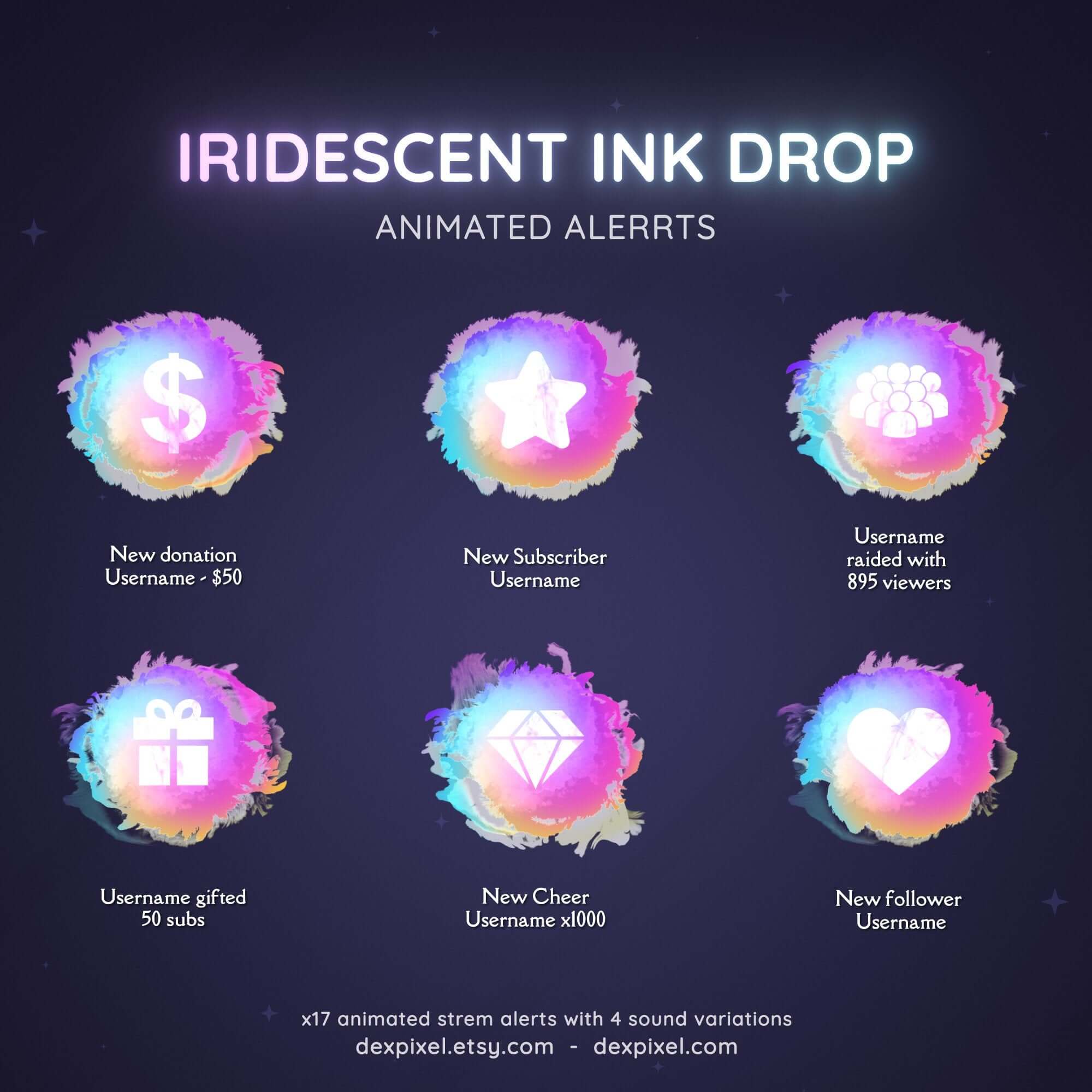 white iridescent ink drop animated twitch stream alerts
