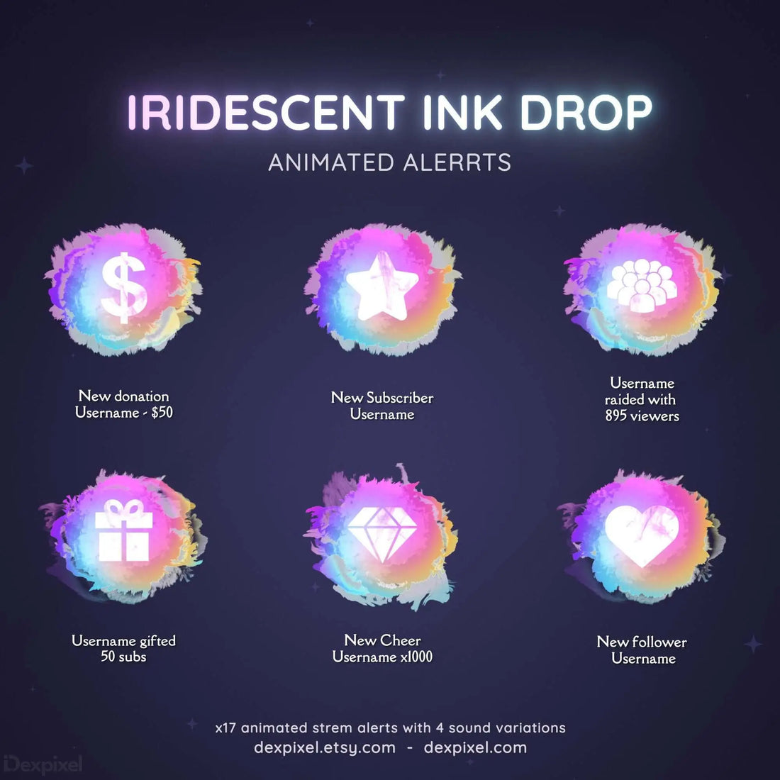 white iridescent ink drop animated twitch stream alerts
