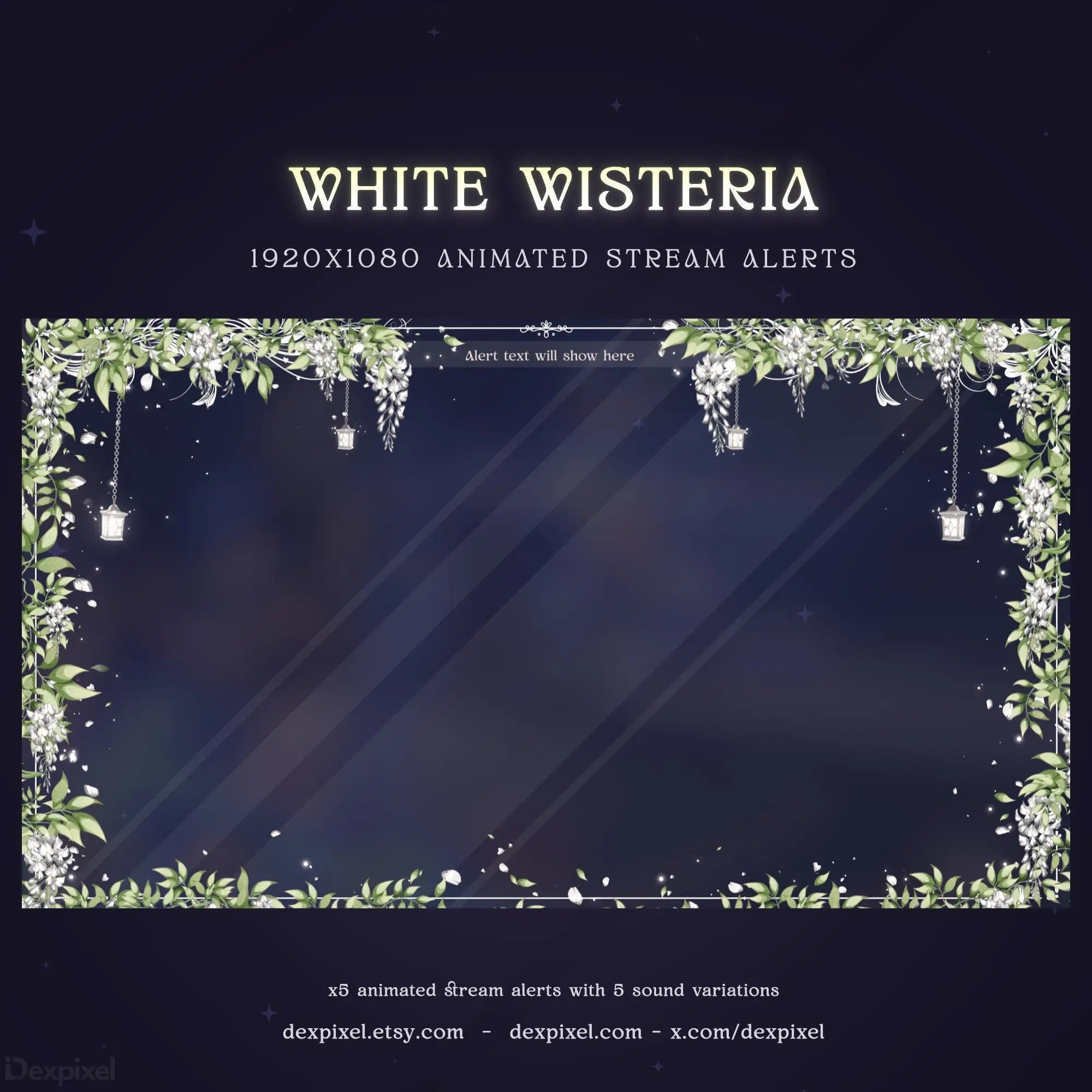 White Wisteria Stream Alerts | Vtuber Elegant Floral Design | Dexpixel