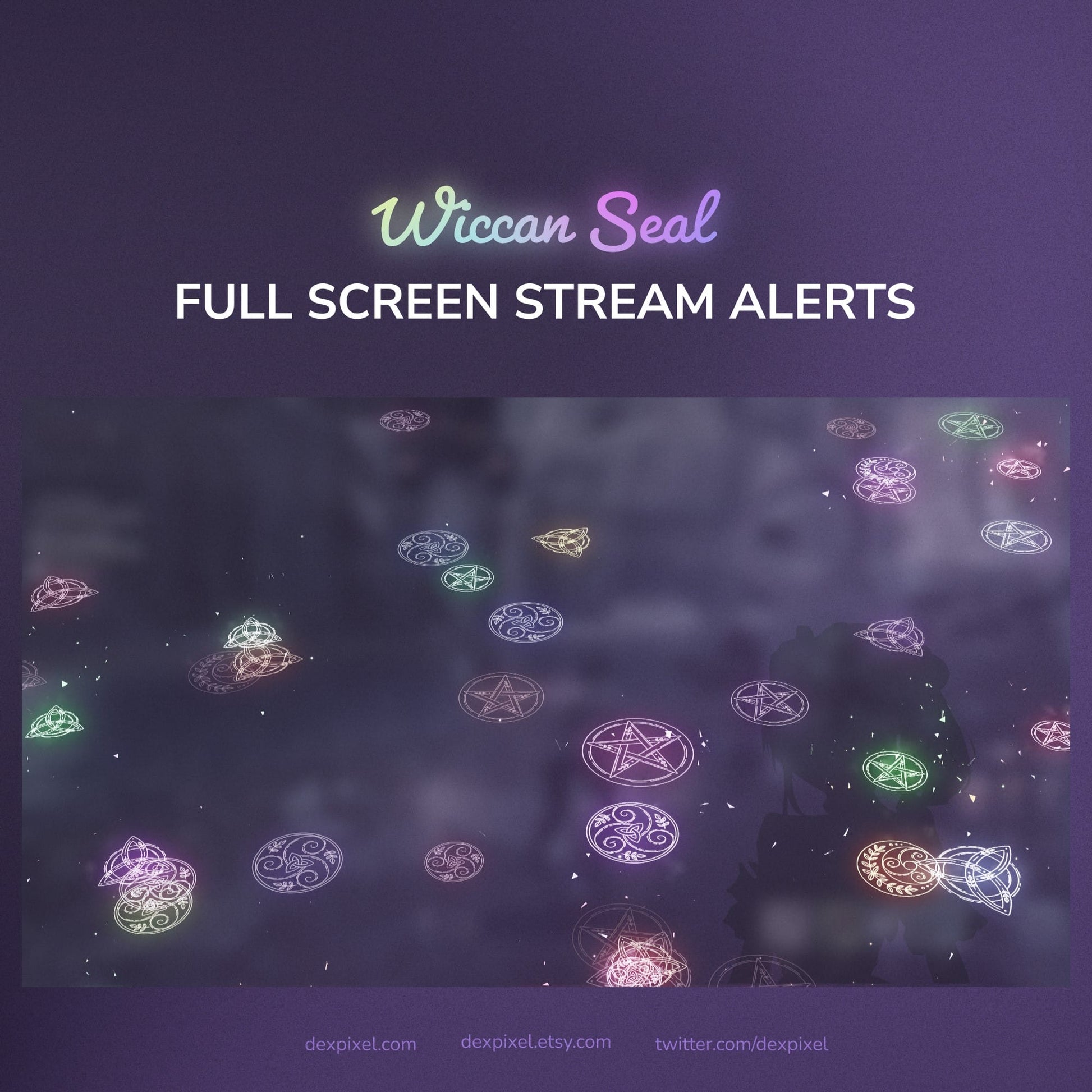 Wiccan Seal full screen stream alerts with colorful symbols on a dark background