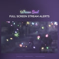 Promotional graphic for 'Wiccan Seal Full Screen Stream Alerts' with colorful gemstones on a dark background.