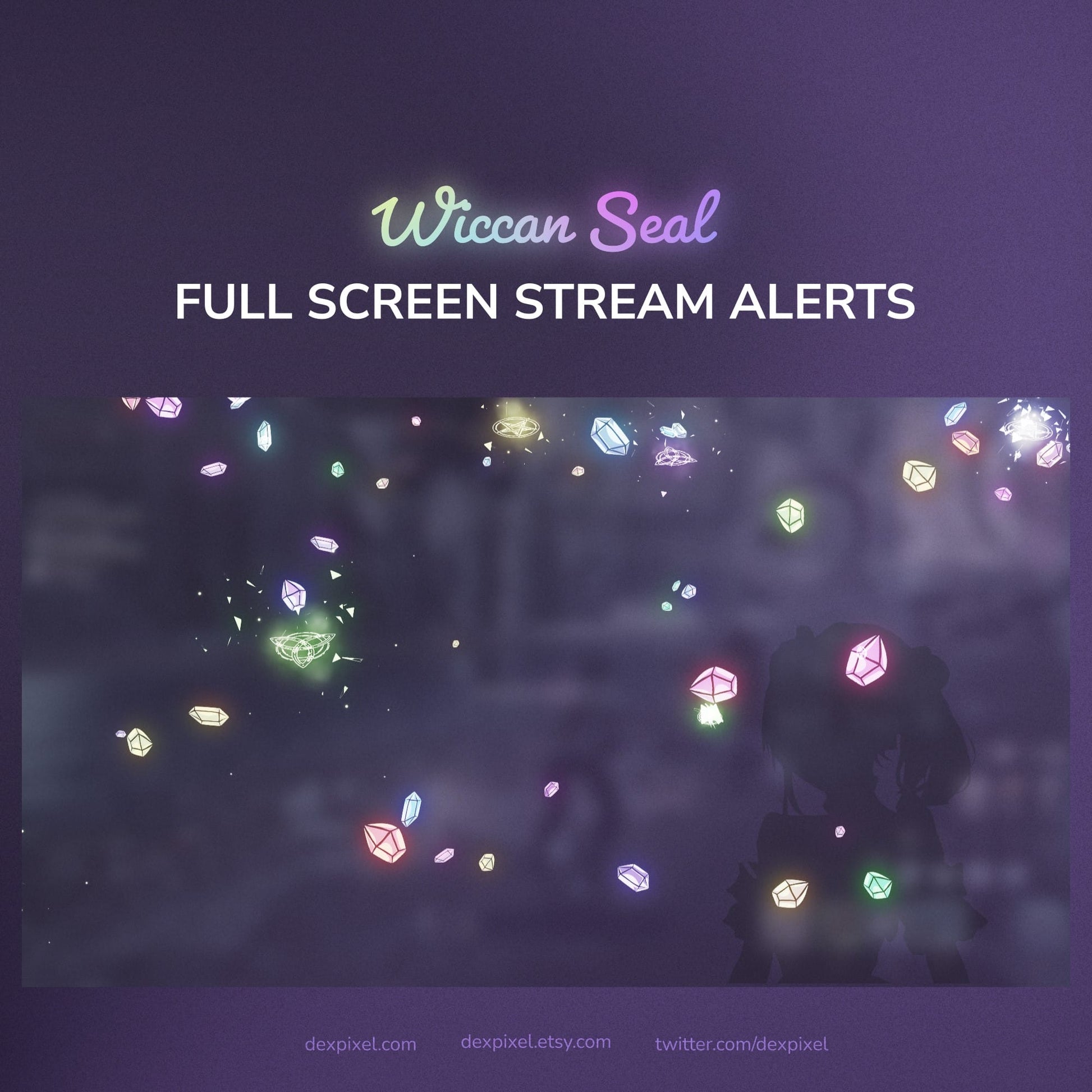 Promotional graphic for 'Wiccan Seal Full Screen Stream Alerts' with colorful gemstones on a dark background.