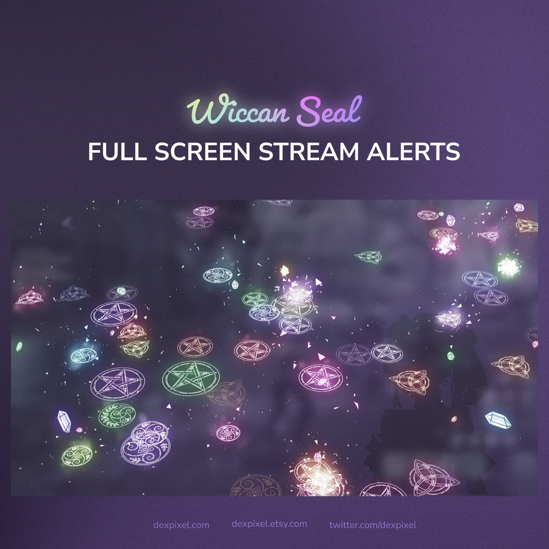 Decorative graphic with colorful symbols and text 'Wiccan Seal Full Screen Stream Alerts' on a dark background.