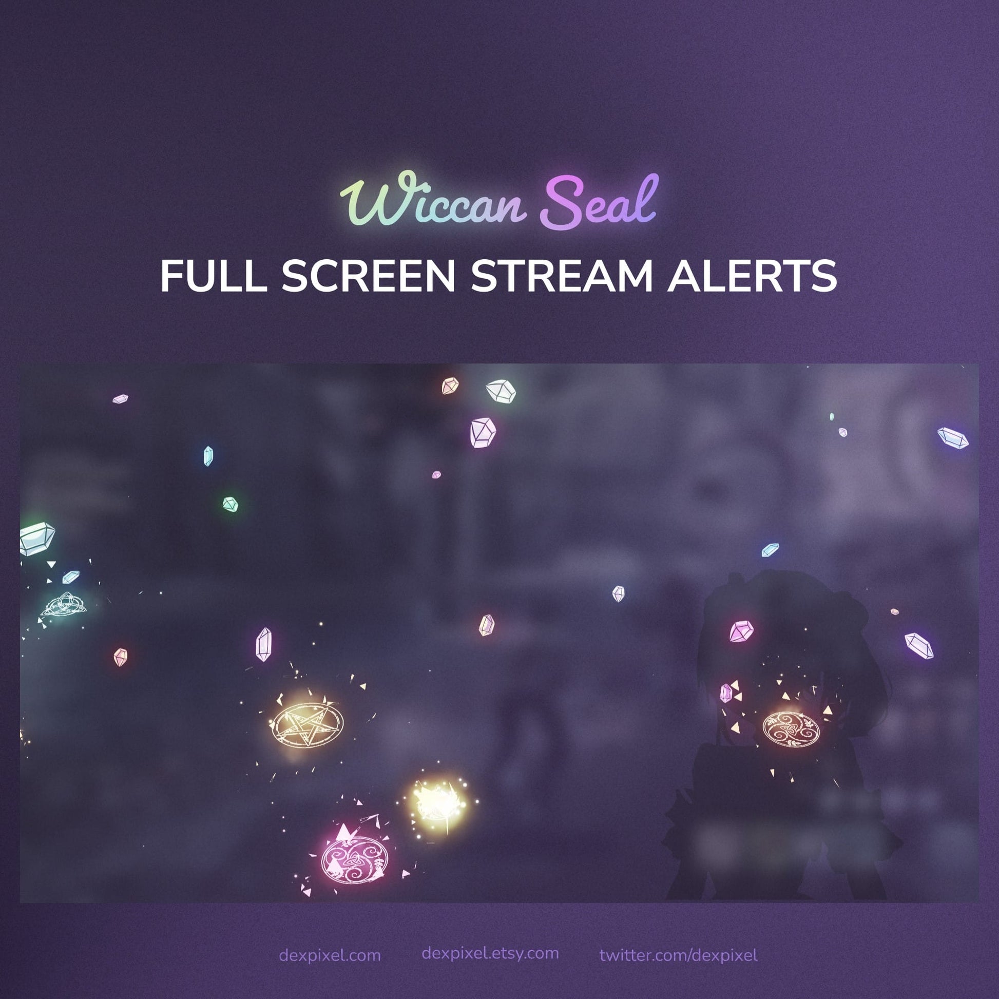 Promotional graphic for 'Wiccan Seal Full Screen Stream Alerts' with glowing symbols on a dark background.