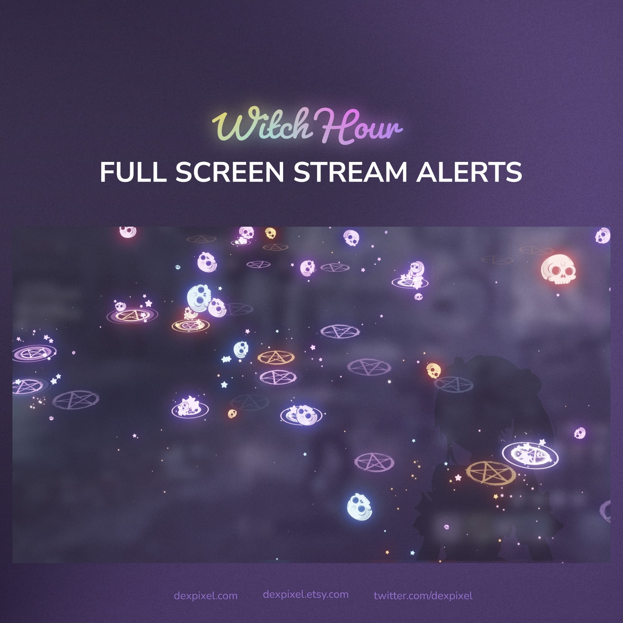 Witch Hour full screen stream alerts with colorful symbols on a dark background