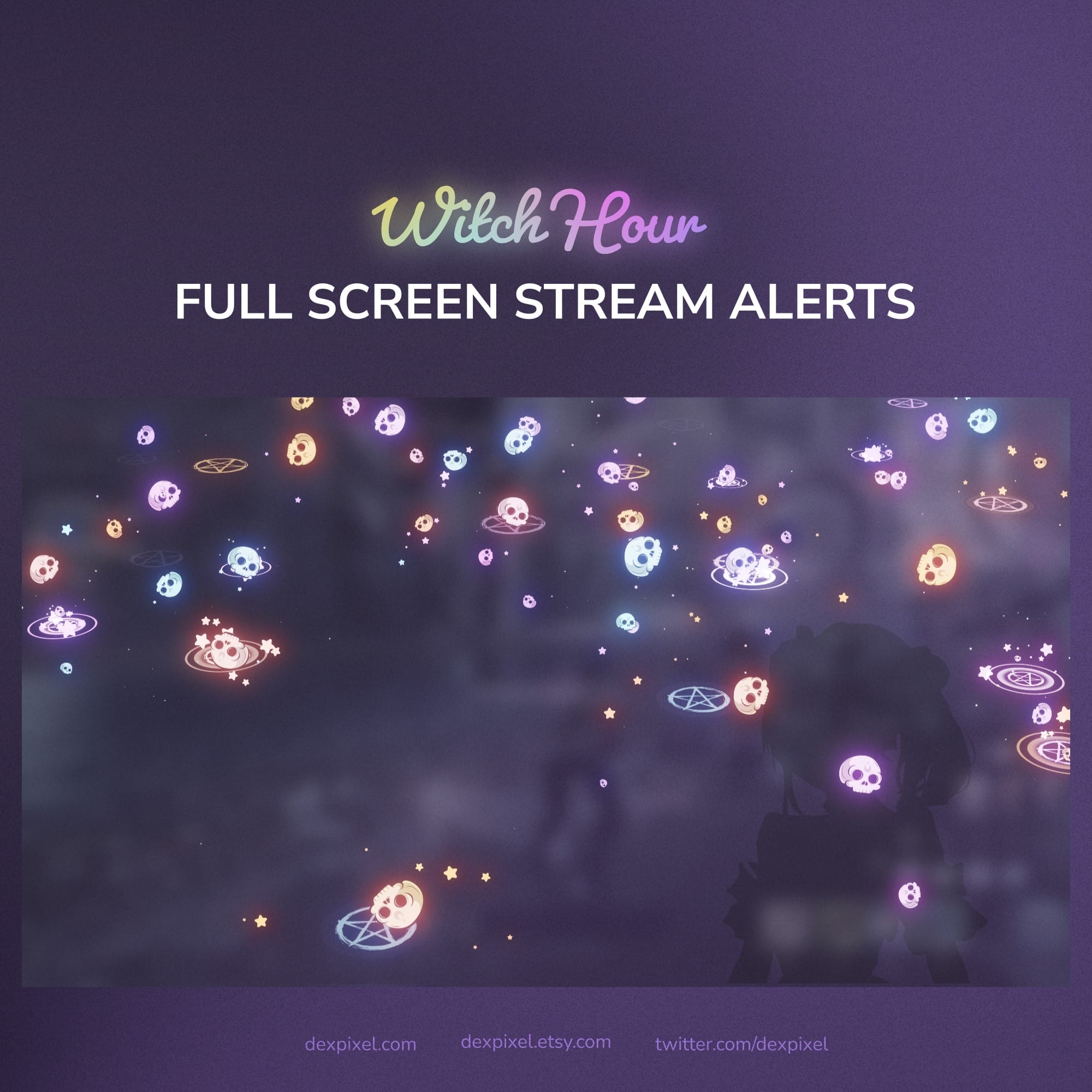 Promotional graphic for 'Witch Hour' full screen stream alerts with colorful graphics on a dark background.