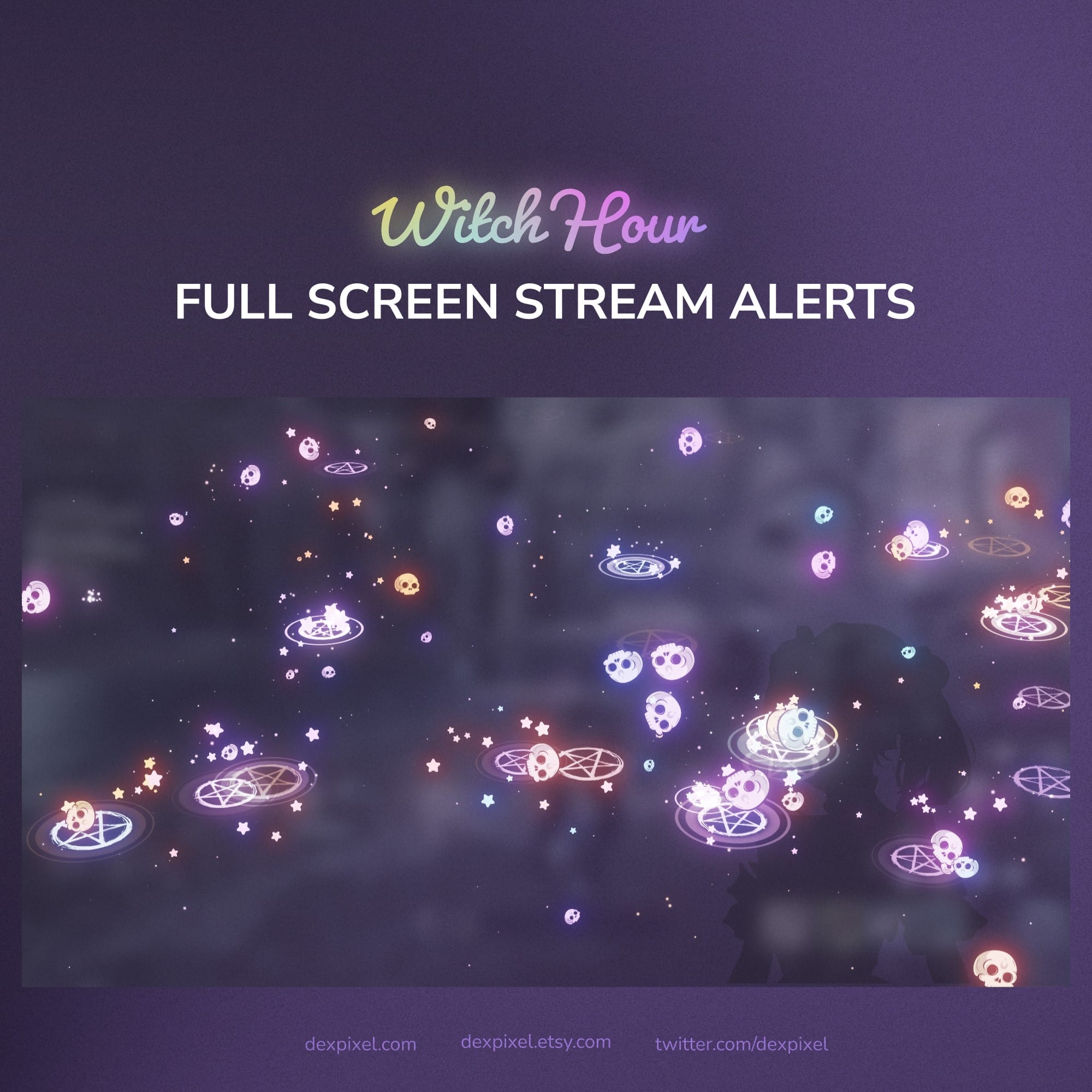 Full screen stream alerts with colorful icons on a dark background, featuring the text 'Witch Hour' and 'Full Screen Stream Alerts'.