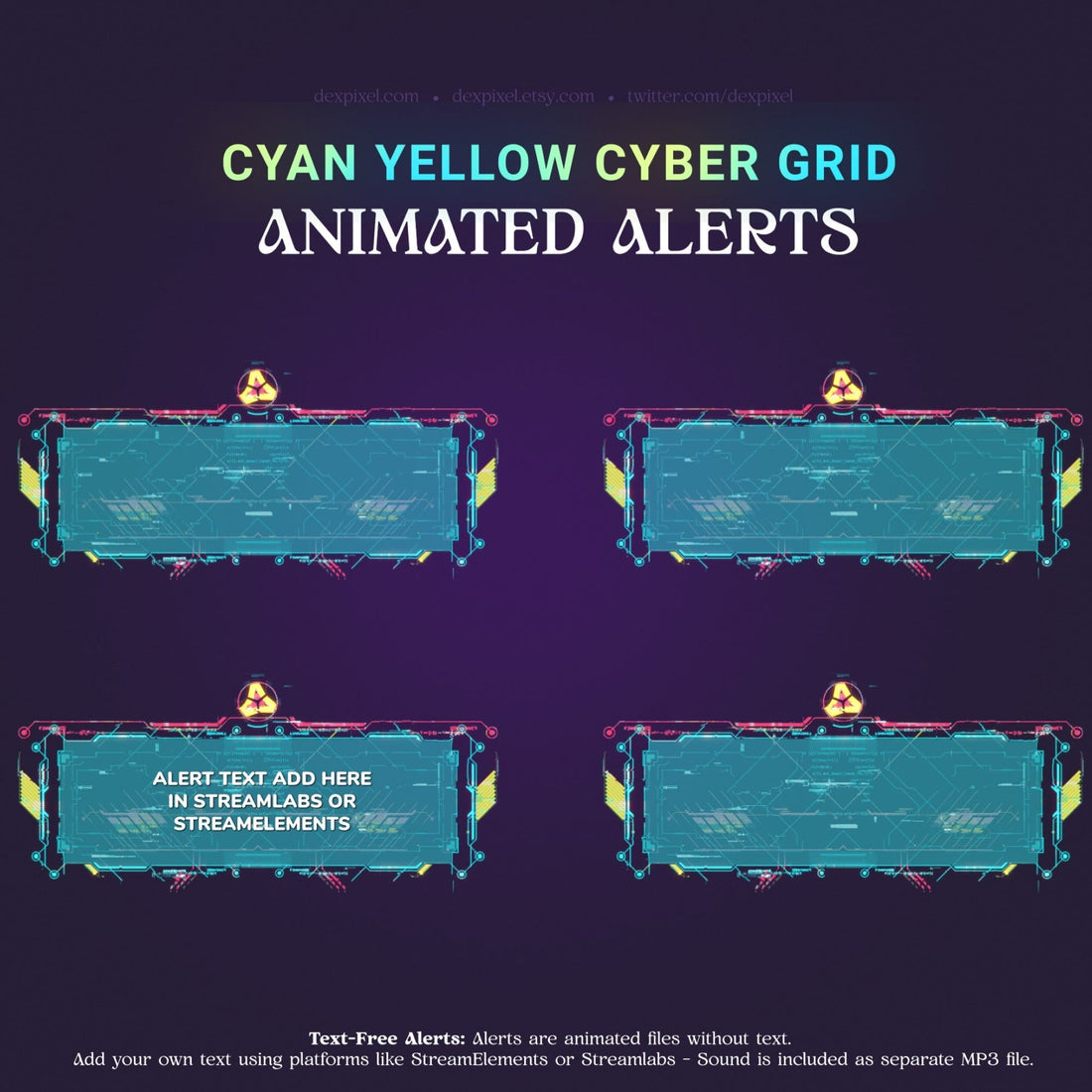 Cyan and yellow cyber grid animated alerts.