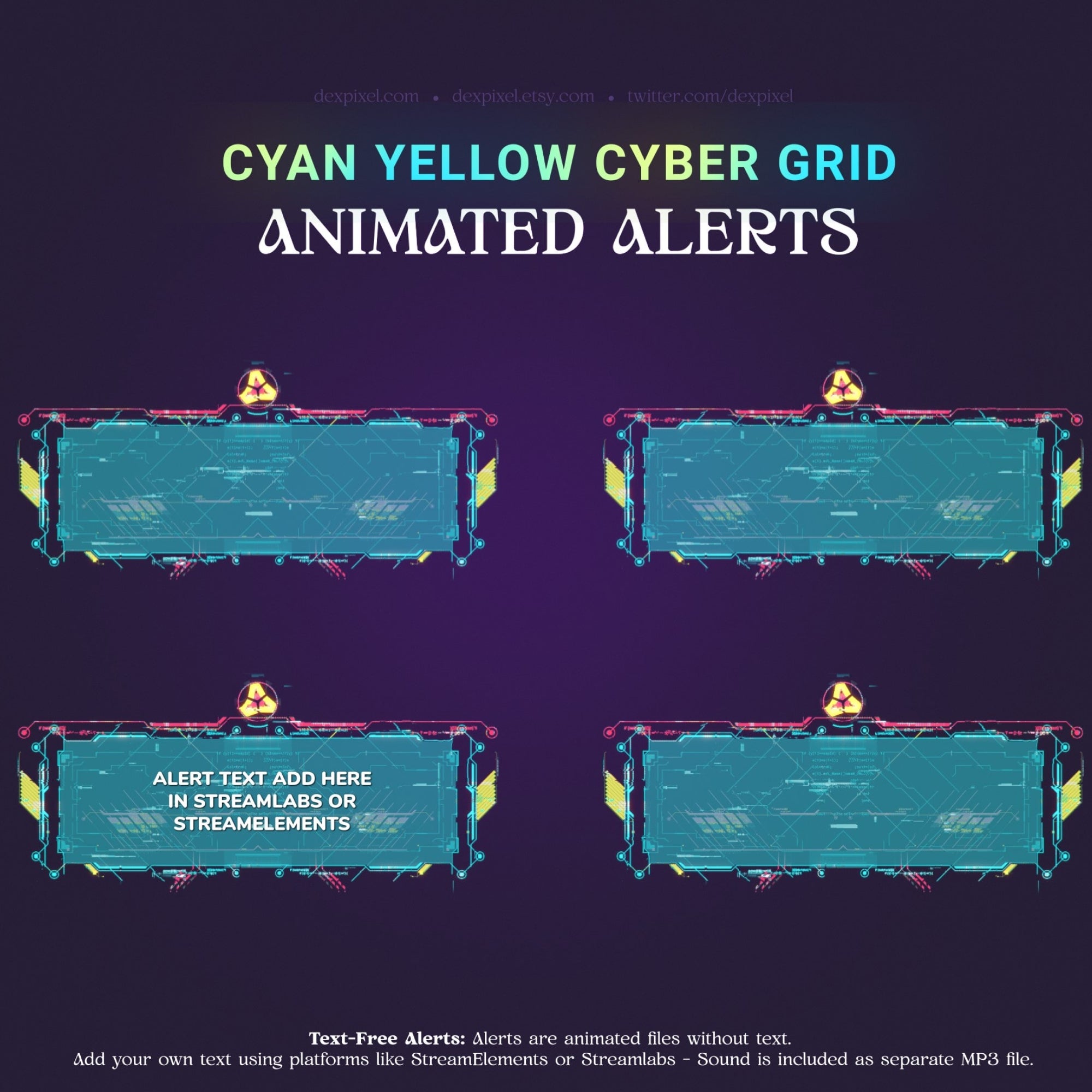 Cyan and yellow cyber grid animated alerts.