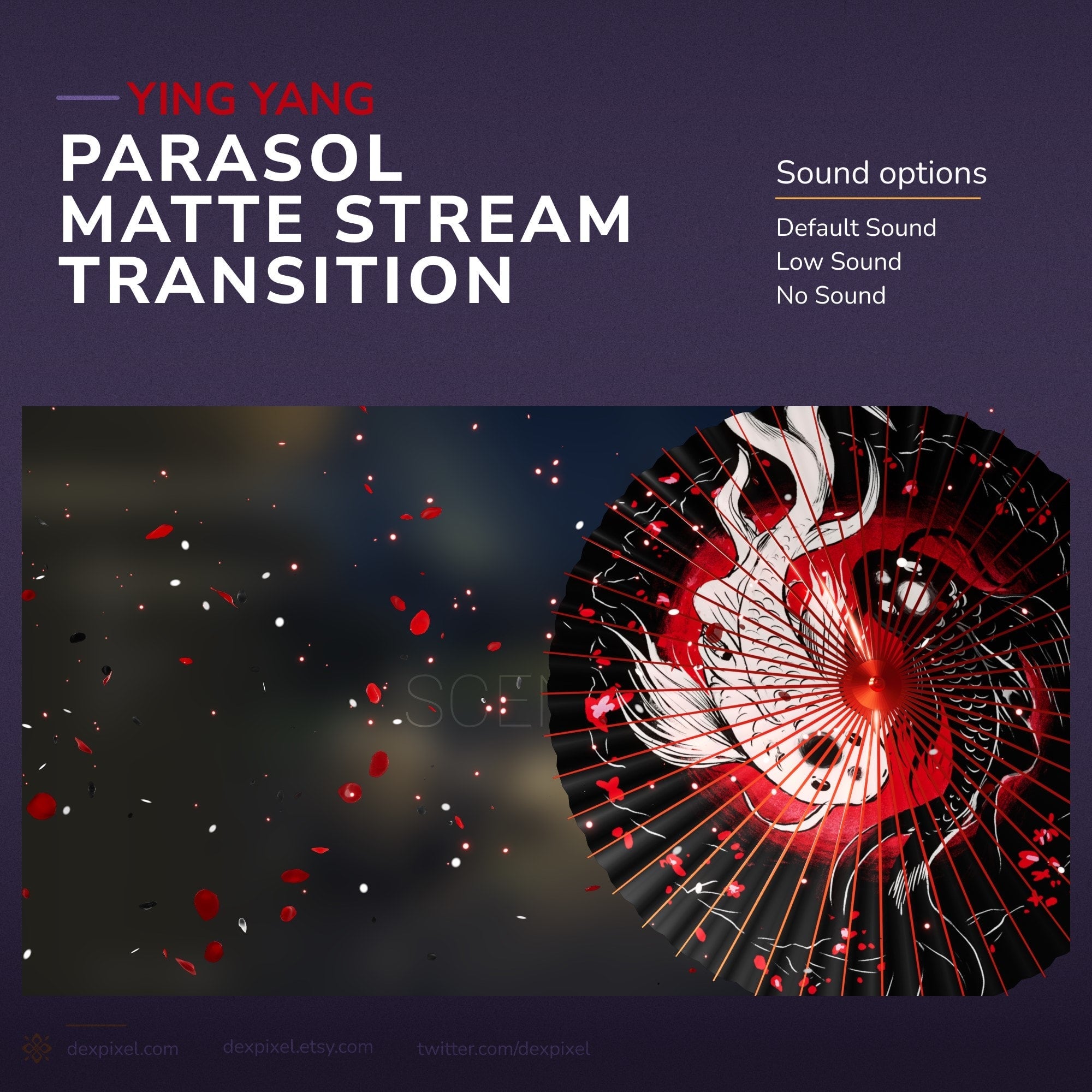 Red black parasol stream transition with ying yang koi animation