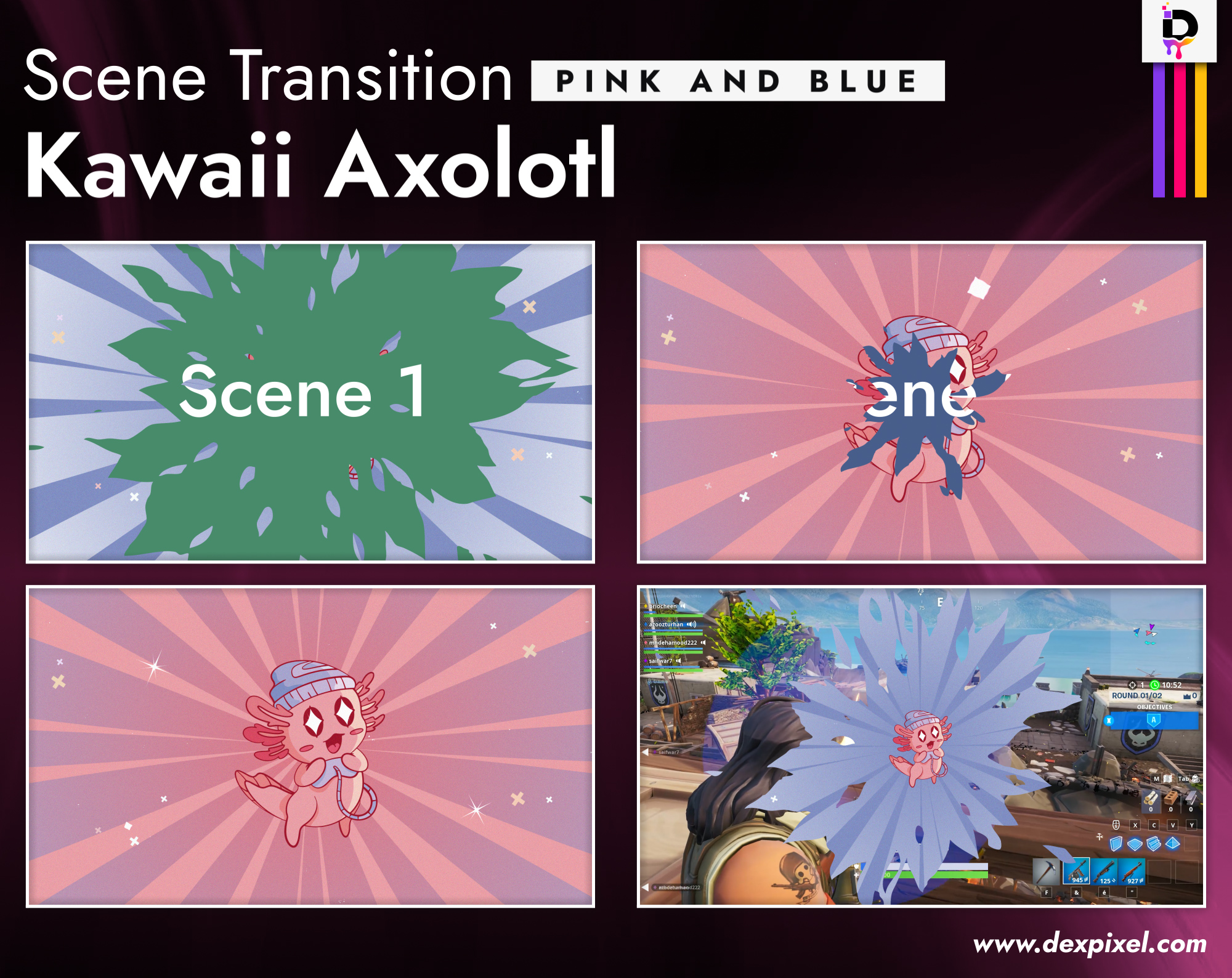 Scene Transition Dexpixel 1 Kawaii Axolotl Pink And Blue
